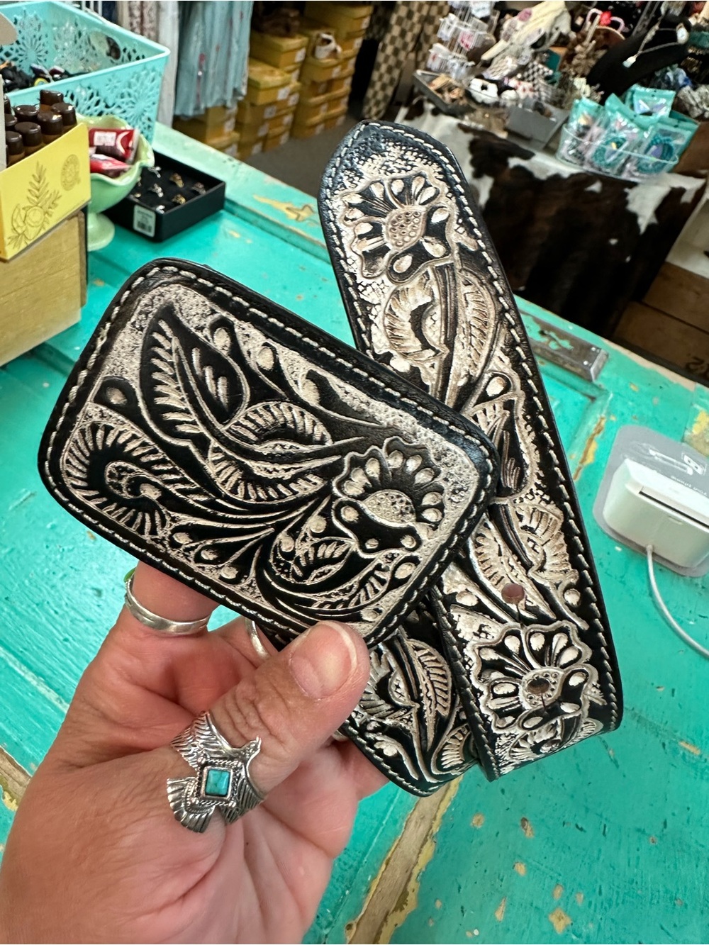 Myra Bag Black and Silver Tooled Leather Belt